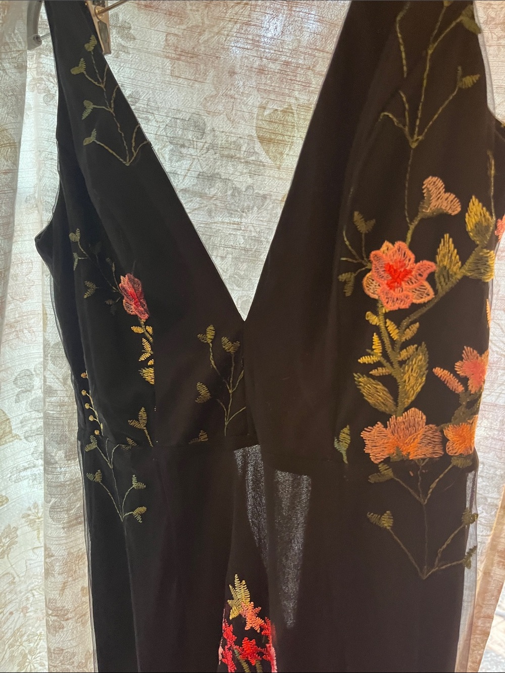 Lulu's Black Maxi Dress with Pink & Red Floral Embroidery Floor Length Long - Picture 3 of 9